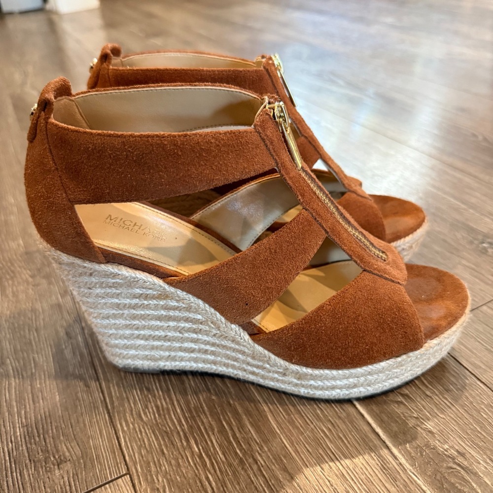 Michael Kors Cognac Suede Espadrille Wedge Sandals T Strap Zip Womens 7.5M